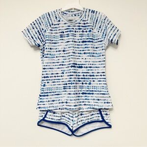 Eddie Bauer Blue and White Girls Swim Set size 10/12 Rash Guard Swim Shorts Set